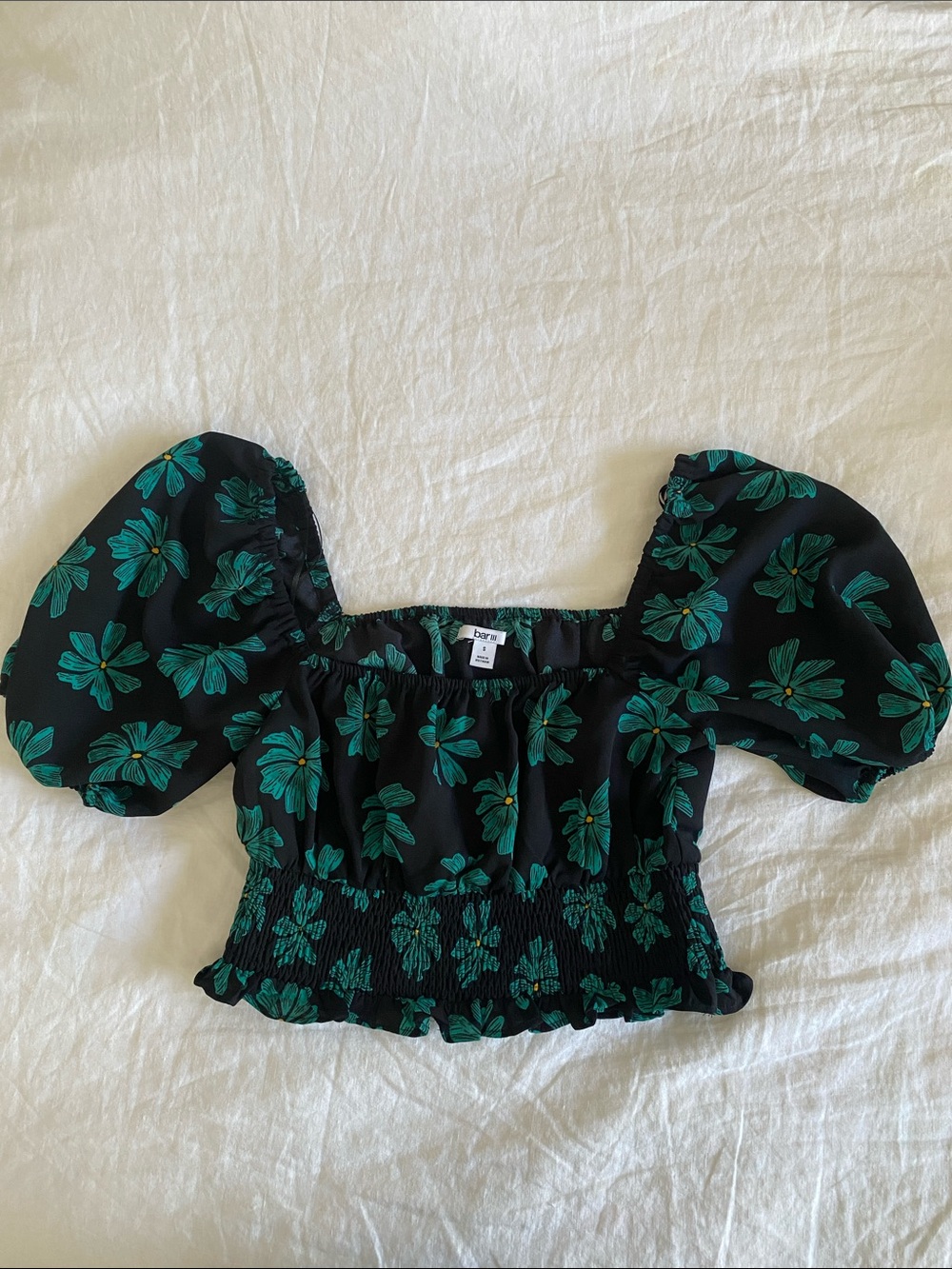 Bar III Black Off Shoulder Crop Top with Teal Floral Print Size S